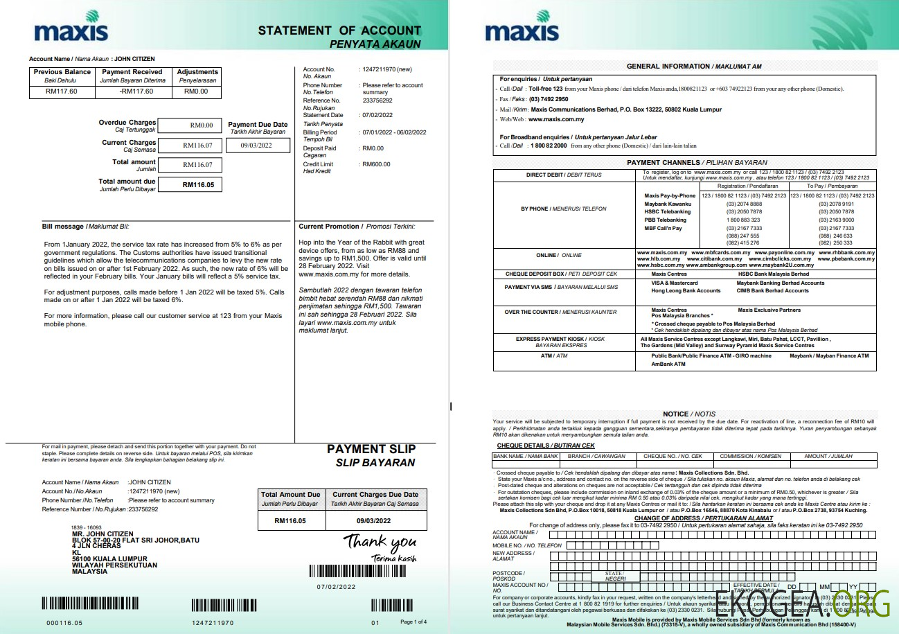 Relevé bancaire Malaisie Maxis 5 pages